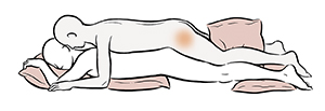 Sex position showing figure lying on stomach with upper body and knees and head supported by pillows. Another figure is lying on top with pillow between knees.