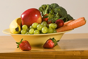Fruits and vegetables in a bowl.