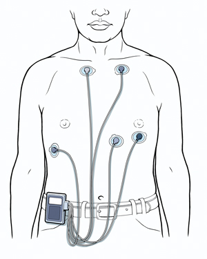 Man's torso showing five ECG leads attached to chest, connected to Holter monitor clipped to belt.